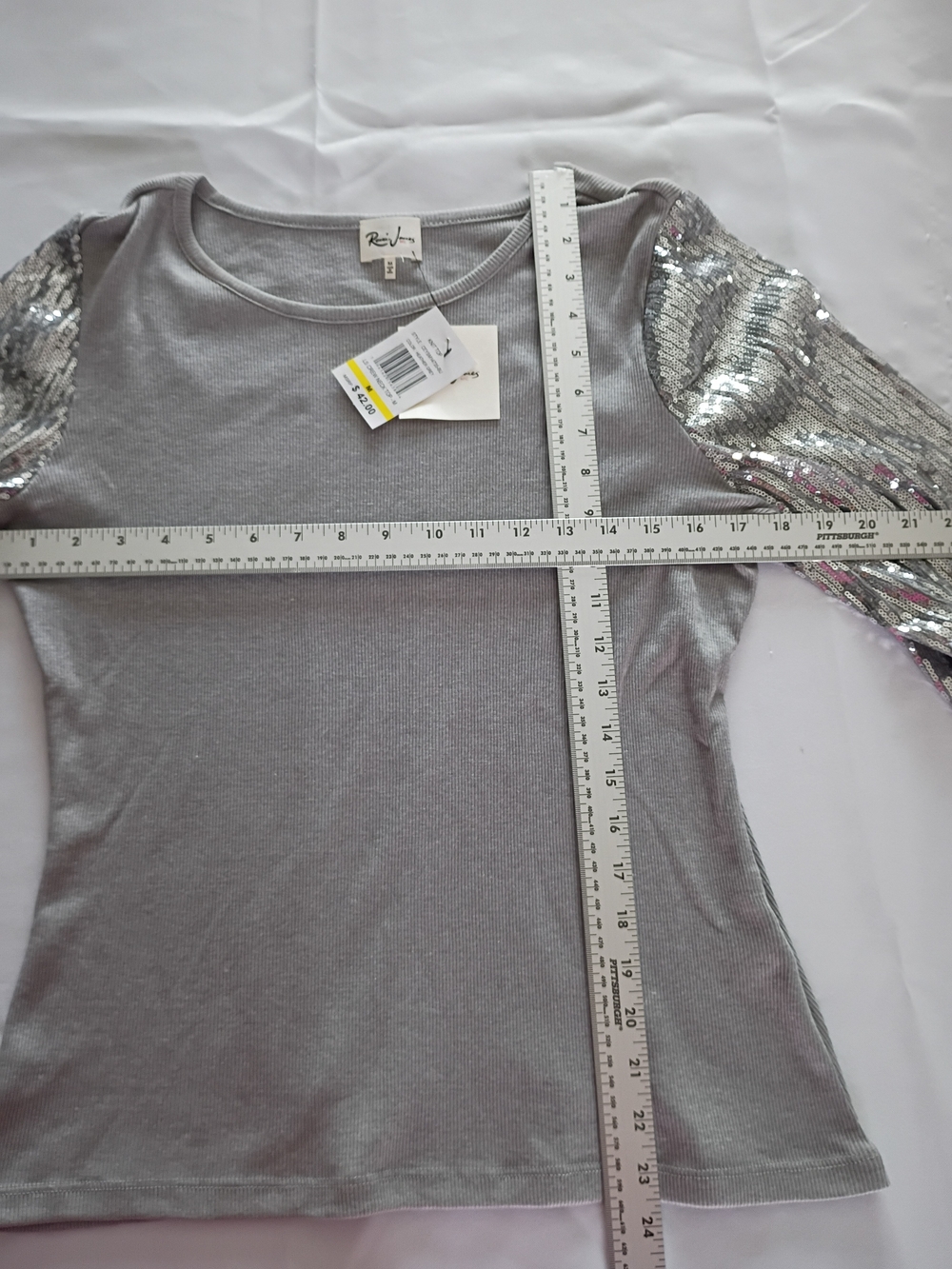 Women's Silver Sequin Sleeve Ribbed Top - Sparkle Detail - Picture 4 of 6
